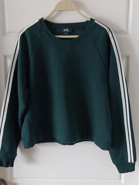 Maeve Dark Green Crewneck Sweater with White Sleeve Stripes